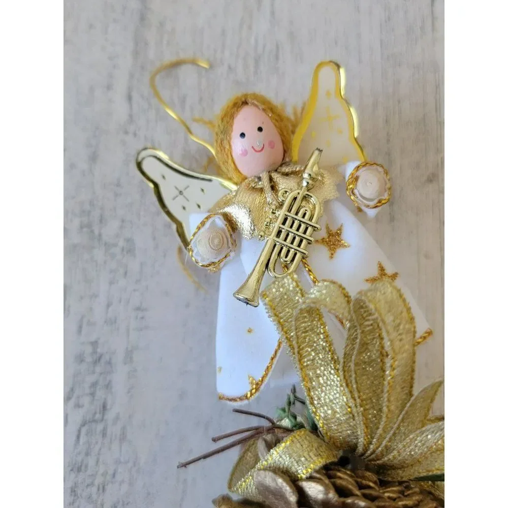 Vintage wooden angel pine cone golden ornament‎ Xmas decor trumpet